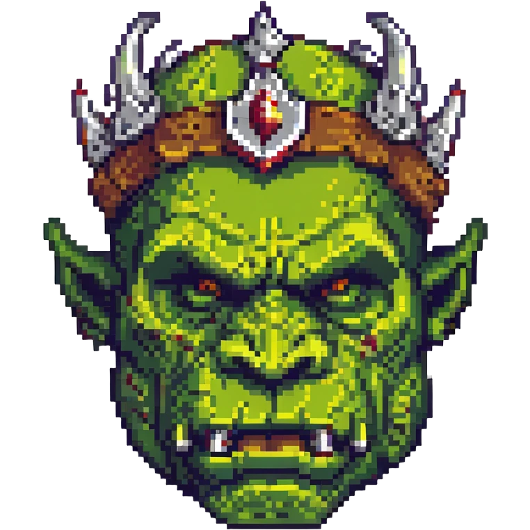 pixel art crowned orc, facing forward, detailed crown, green skin, fantasy vibe emoji