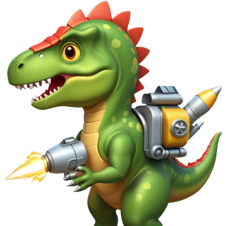rocket-propelled dinosaur portrait, head and shoulders only, cute T-rex face, rocket pack visible behind shoulders, glowing thrusters, 3D cartoon, mobile game icon style, clean background, no text, no watermark emoji