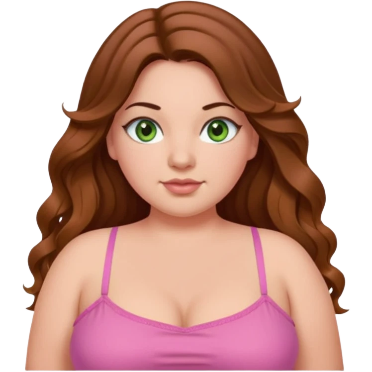 Baddie bratz girl with middle parted long wavy brown hair. green eyes. Plus size. pink spaghetti strap top. emoji