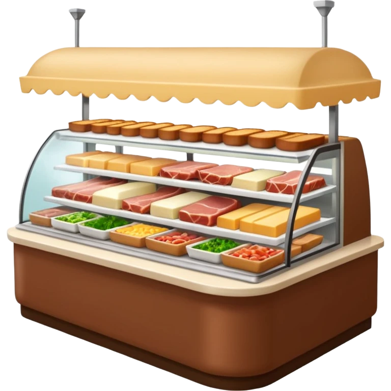 A 3D cartoon deli counter filled with meats, cheeses, and salads, bright lighting, Memoji-style realism. emoji