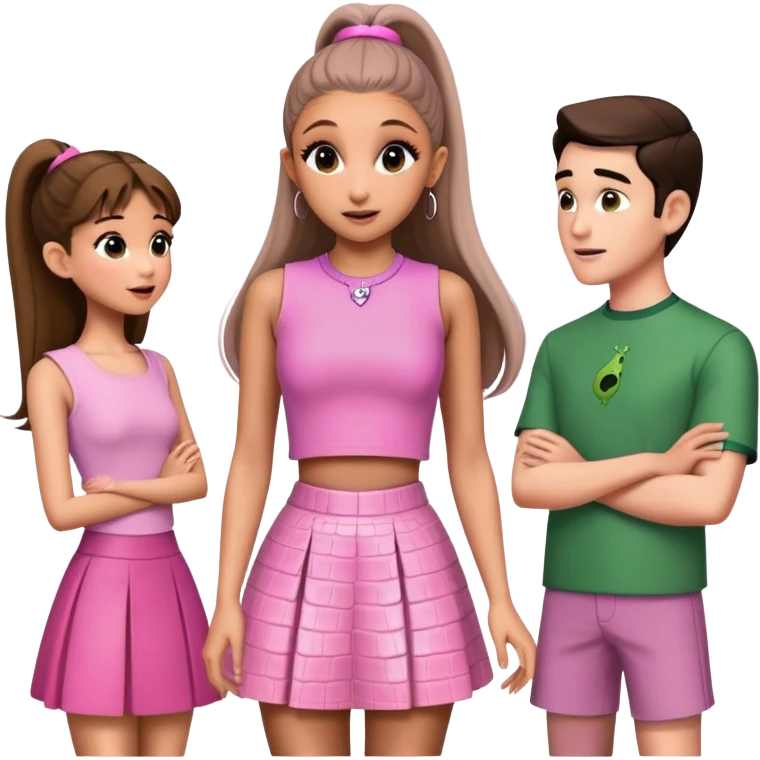 Ariana grande goes to the wicked set talking to the other actors wearing a pink croc top and a short pink skirt  emoji