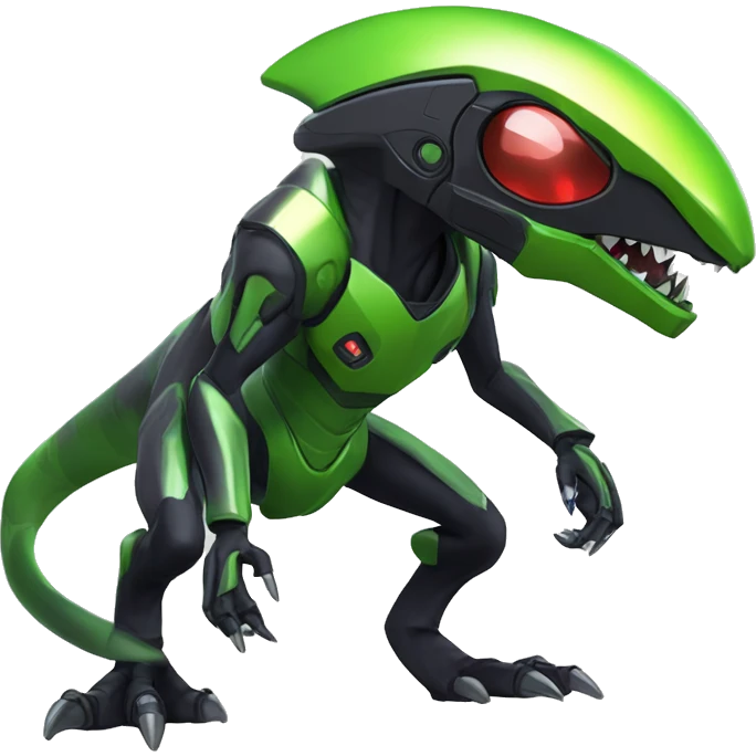 a shiny black-green Genesect-Raptor-Fakémon—hybrid with a futuristic visor-helmet full body emoji