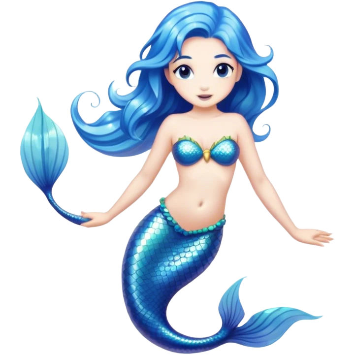 Cinematic Realistic Blue Hair Mermaid Portrait, depicted with lifelike, sun-kissed tanned skin that exudes a warm, radiant glow under gentle underwater lighting. Her intricately detailed, flowing blue hair cascades like a waterfall of ocean hues, framing deep, mesmerizing eyes that capture the vibrant spirit of the sea. Adorned with a shimmering tail and delicate tropical accents, the portrait features an enchanting underwater glow that blends realism with mythic coastal allure. emoji