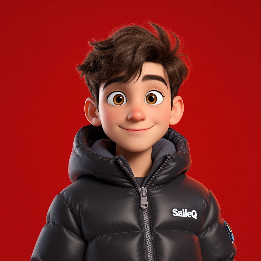 3d disney pixar character, young 18yo boy with dark brown hair, and a shiny black puffer balenciaga design jacket, brave smiling. The background is a solid red color, "SaileQ" on ajcket emoji