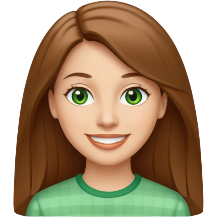 Adult woman avatar, light skin tone, oval face, straight long brown hair, green eyes, neutral mouth, seersucker emoji