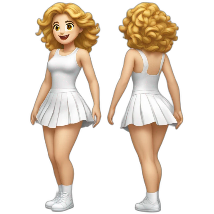 hyperrealistic-full-body-caucasian-curvy-beauty-jumping-small white-skirt-back-and-front-views-strong-wind-white knickers under skirt white socks emoji