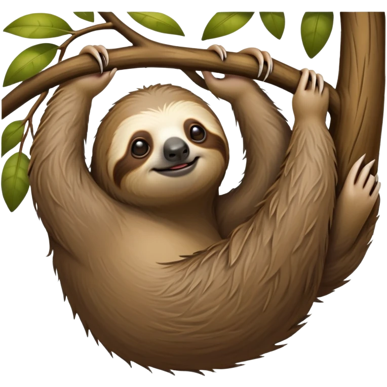 cinematic-sloth-realistic-full-body-hanging-emoji,-long-curved-claws-clinging-to-a-tree,-thick-shaggy-brown-fur-slightly-ruffled,-head-tilted-dramatically,-slow-blinking-eyes-filled-with-serene-wisdom,-simplified-yet-realistic-focused-features,-highly-detailed,-glowing-with-an-almost-sarcastic-glow emoji