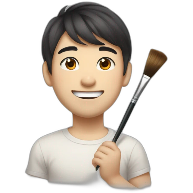 A slightly plump, round-faced, slightly droopy-eyed, cute, dark-haired Japanese brother who is smiling while holding a colored brush and graphite pencil emoji