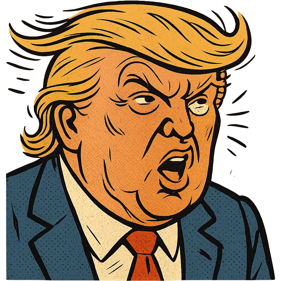 Donald Trump caricature style, exaggerated features, suit, red tie emoji