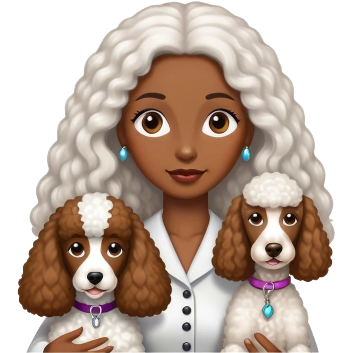 White standard poodle with brown skin, long hair woman emoji