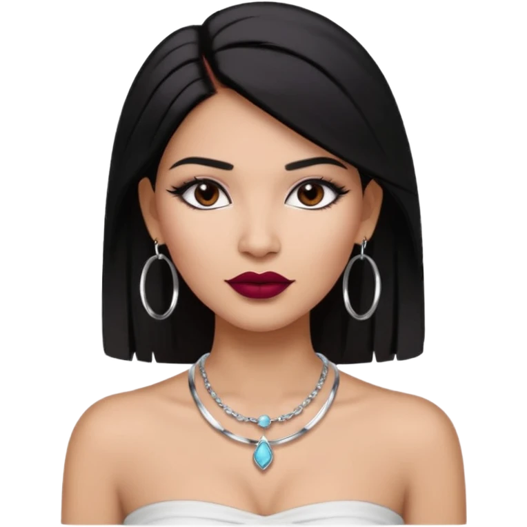 latina makeup olsun, saçları düz, halka küpeler taksın. takıların hepsi gümüş rengi olsun halka küpeler ve kolye dahil. makyajı ağır olsun ve beyaz bir Bandeau top kıyafet giyisin dudakları bordo olsun emoji