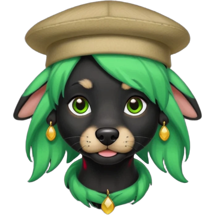 green haired fully black dog with earring and hat emoji