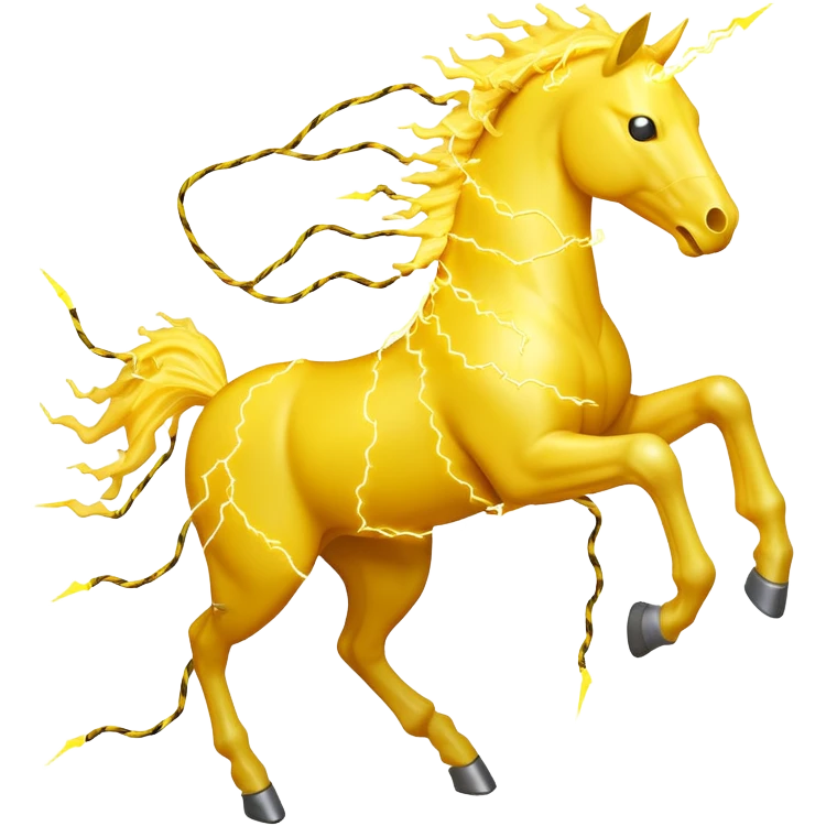 A yellow horse made entirely of crackling electricity, with visible yellow wires, lightning bolts shooting off its body, and a dynamic galloping pose. emoji