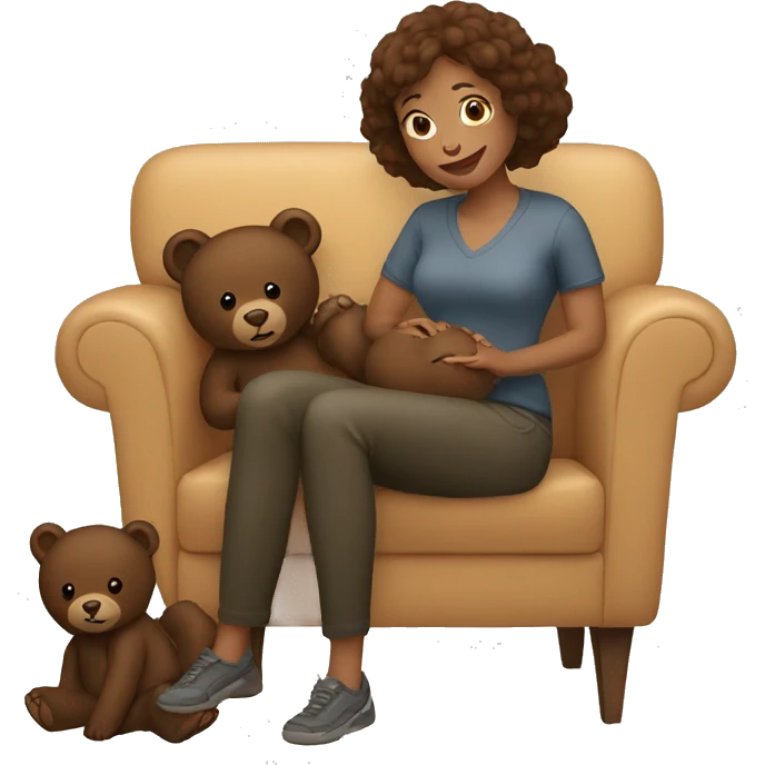 Woman sitting on a couch with brown bears  emoji