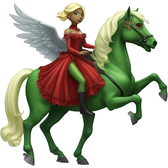 "galora green blonde alien woman" in red Victorian elegant dress, full body, rides winged horse
NO WOKE
 emoji