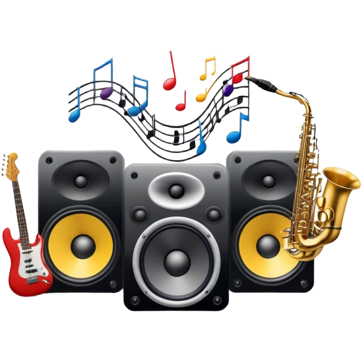 Icon for R&B Music Listening: large concert speakers and headphones with waves of musical notes coming out, along with drums, bass guitar and saxophone. The icon should convey the energetic and rhythmic vibe of R&B music. Transparent background emoji