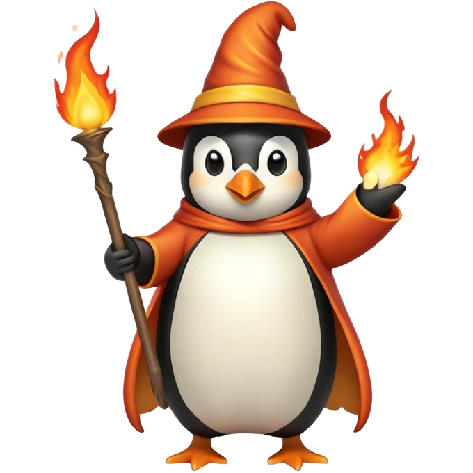 penguin wizard casting a fire spell with flames emoji