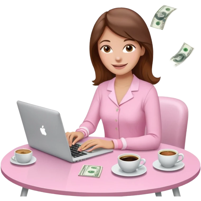  woman character with laptop and coffee relax table, dollars are floating, colorful pastel pink outfit, white laptop, brownn hair, fair skin,  emoji