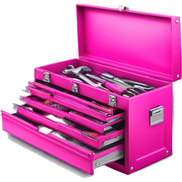 Realistic metallic hot pink tool box with top open and tools inside of it isolated.  emoji