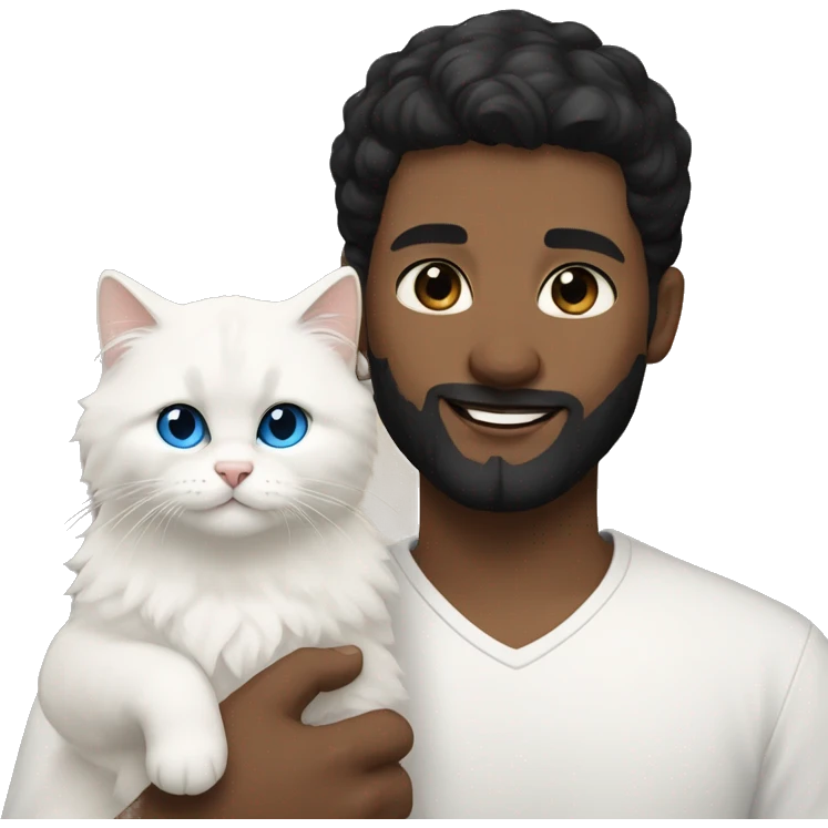 A guy with a black earing and black short hair and black beard and holding a all white Siberian cat with blue eyes  emoji