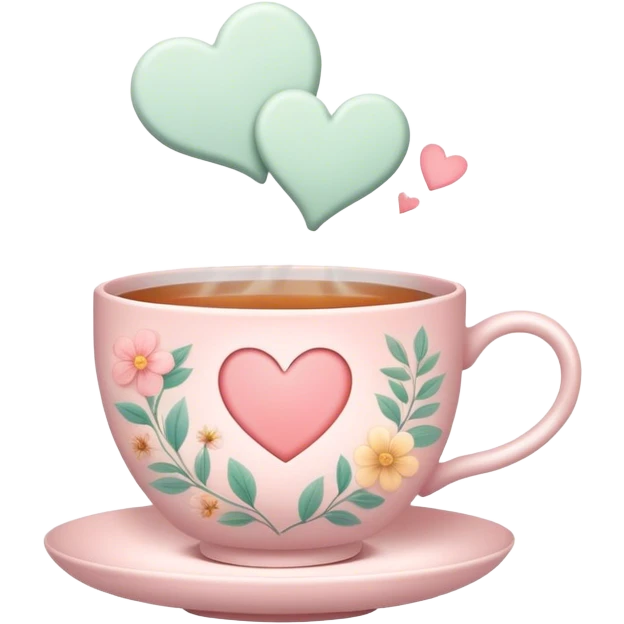 Cute Kawaii Tea Cup, steaming with warmth, soft pastel tones, delicate floral patterns, a tiny heart-shaped tea bag tag, cozy and inviting! emoji