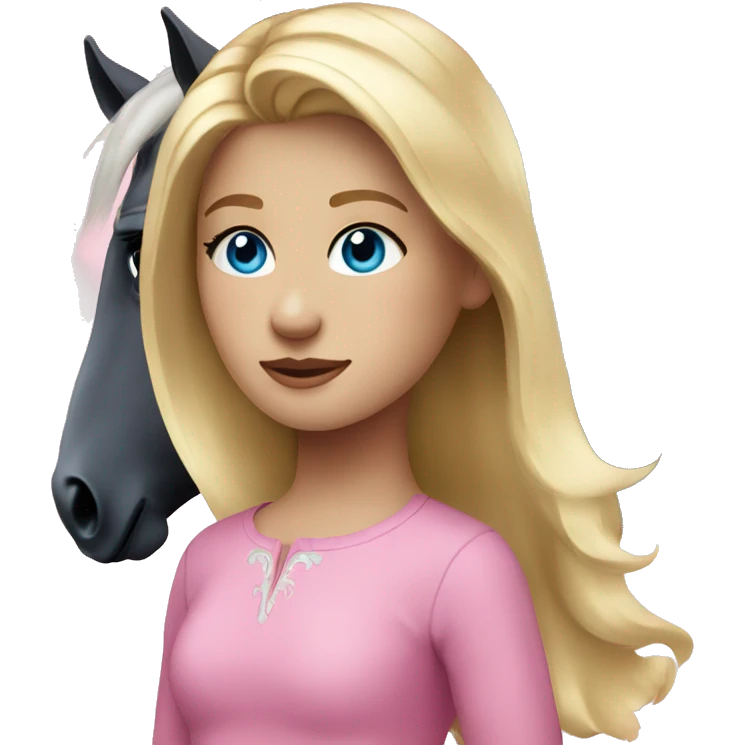 blonde girl with blue eyes wearing pink and her black horse emoji