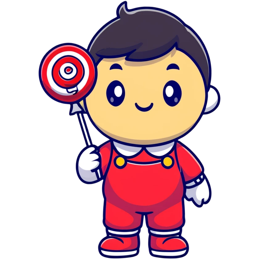 happy Monchichi character with a big lollipop emoji