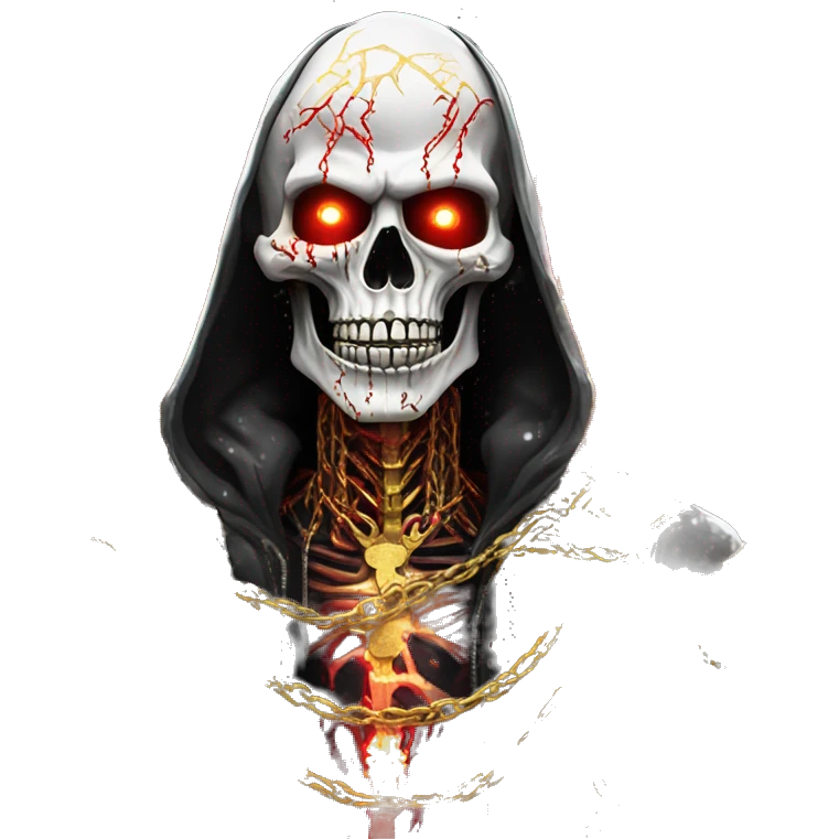 White skeleton zombie person covered in golden chains and black graffiti scribbles and red and silver doodles wings made of neon lightning snowing snowflakes emoji