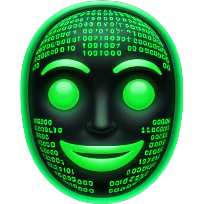 Cyberpunk emoji formed from cascading green Matrix symbols, neon glow, dark futuristic background, smooth rounded design, 3D style, high contrast, cinematic lighting. emoji