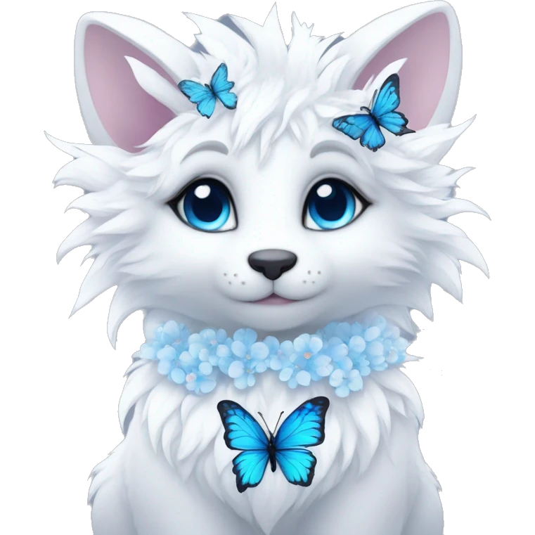 Anthro Edgy Cute Cool Kawaii gorgeous sparkly ethereal white fantasy animal creature with blue eyes furry sona with flowers and butterflies beautiful aesthetic emoji