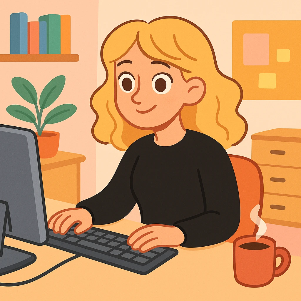 pretty brown-eyed blonde young woman with wavy hair, wearing a black sweater, working on a computer in a cozy office emoji