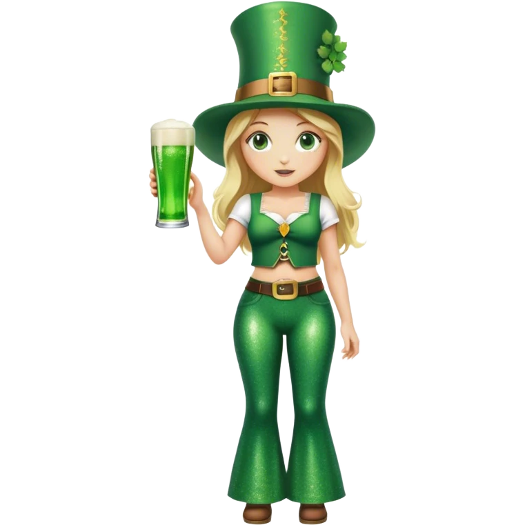 Blonde haired girl in glittery green bell bottoms and tall leprechaun hat holding a green beer emoji