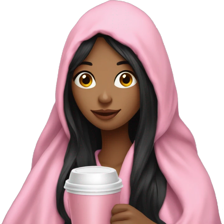 very long black hair pretty girl in a pink blanket sipping coffee emoji