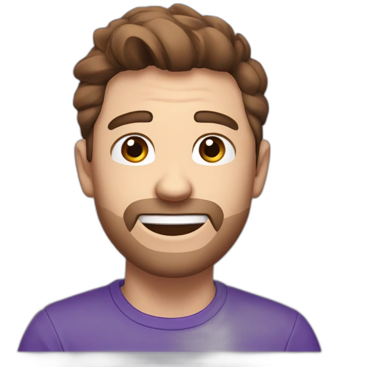 Twitch emote, white male blue eys brown hair, speach bubble saying hi, purple shirt emoji