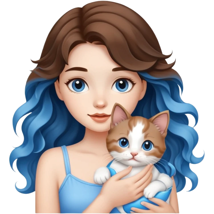 A beautiful girl with big brown waves was holding a blue and white kitten emoji
