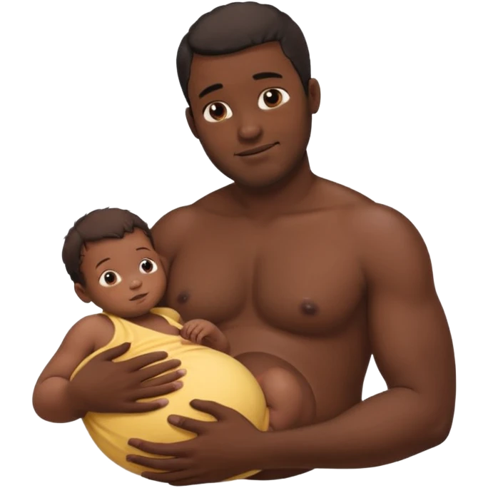 A shirtless pregnant burly black man breastfeeding his baby,  thd baby is suckling on his nipple emoji