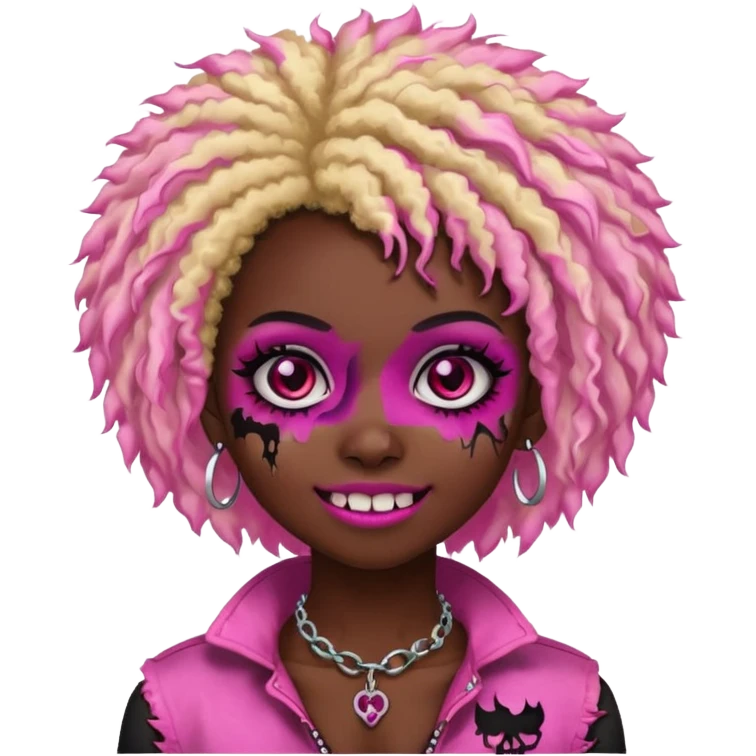 girl, zombie,pink and blonde afro, medium long, emo, shaggy, dark, spooky,double eyebrow dermal piercing, cute illuminous smile emoji