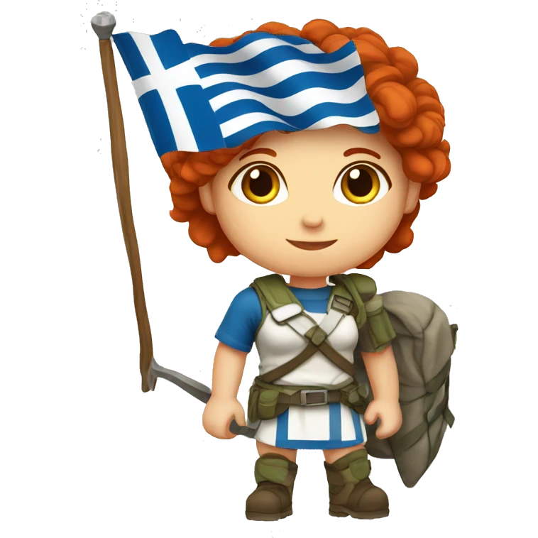 a red hair female mountain summiteer with greek flag emoji