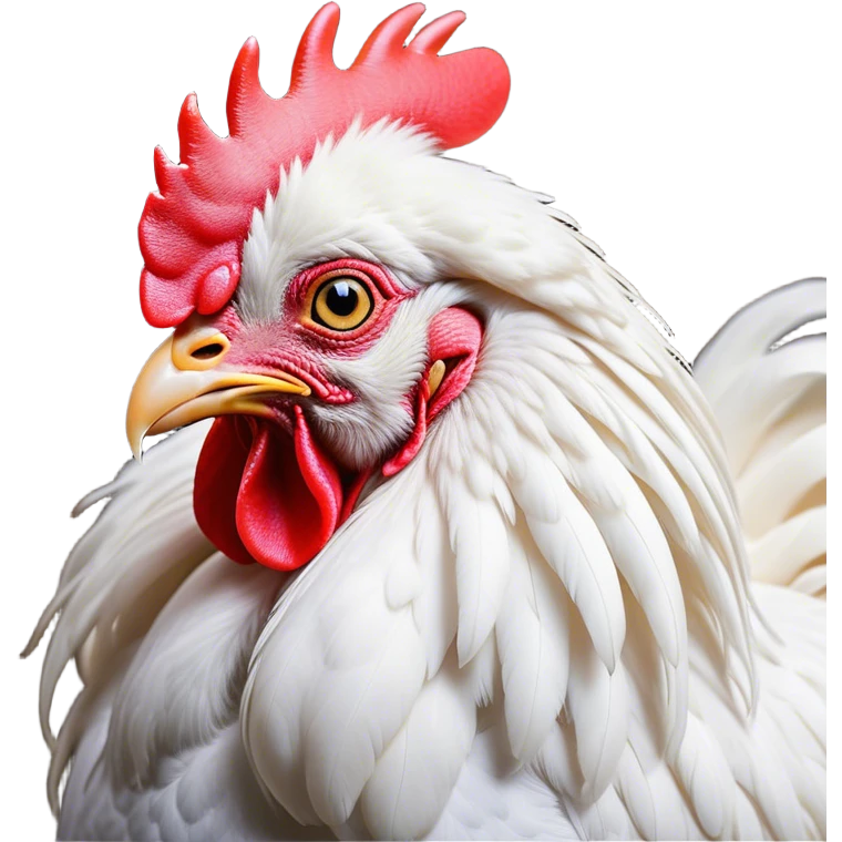 Cinematic Noble White Rooster Portrait Emoji, Poised and regal, with a robust, commanding build and a pristine, well-groomed pure white plumage, deep-set soulful piercing eyes, Simplified yet sharp and sophisticated features, highly detailed, glowing with a soft, dignified glow, high shine, intelligent and proud, stylized with an air of barnyard majesty, focused and attentive, soft glowing outline, capturing the essence of a watchful and confident leader, so majestic it feels as though it could crow out of the screen with effortless authority! emoji