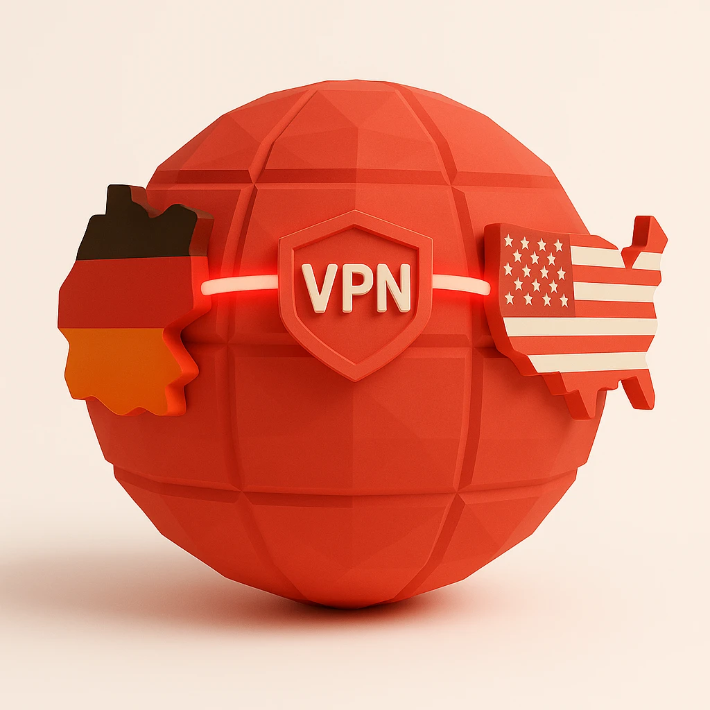 Make the VPN connection line between Germany and USA glow with a red color scheme on a playful 3D globe with realistic shading and depth. emoji