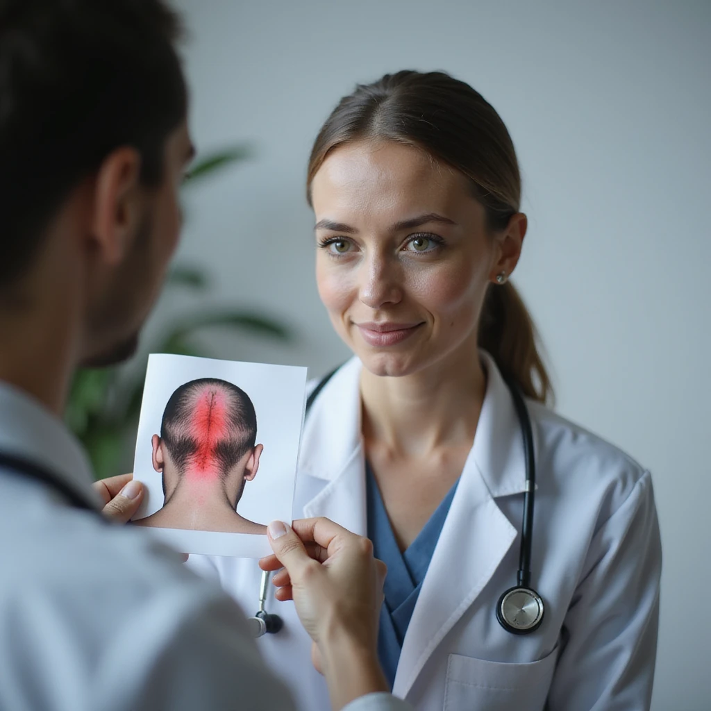 hyperrealistic 4K image of a woman with PCOS in a clinic, doctor showing her a photo of her scalp with hair loss areas highlighted in red, detailed emoji