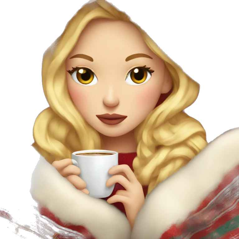 blonde girl inside a Christmas blanket sipping coffee eyes closed with soft makeup emoji