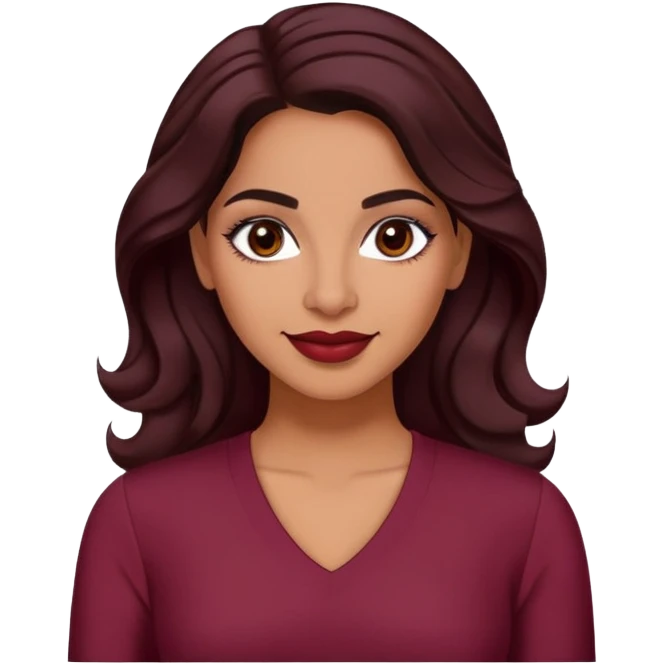 Puerto Rican actress Lynette Torres, woman with warm brown skin, attractive elegant features, expressive dark eyes, well-defined eyebrows, straight nose, friendly smile, long dark wavy hair, wearing a fashionable burgundy top emoji