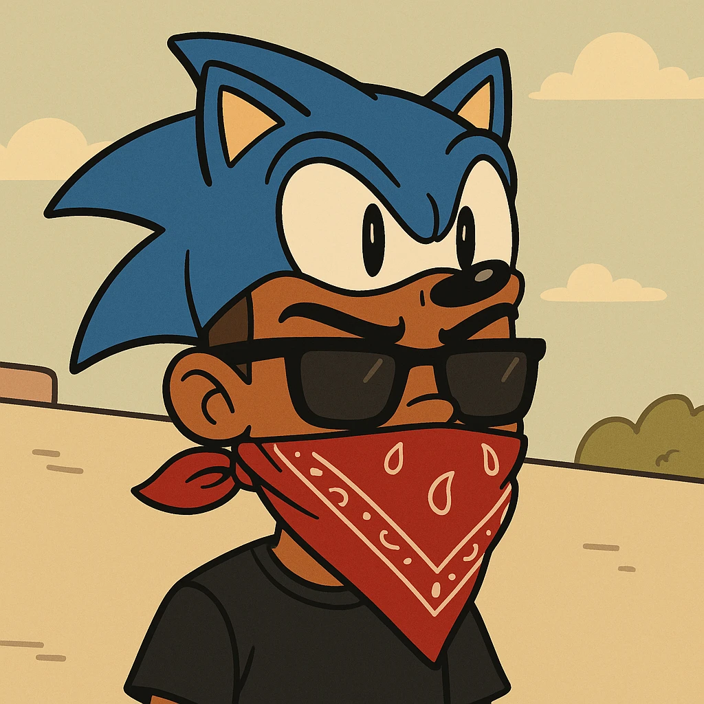 slick warm brown skinned boy with raised eyebrows, Sonic hat, sunglasses, and a bandana over his mouth, cartoon style emoji