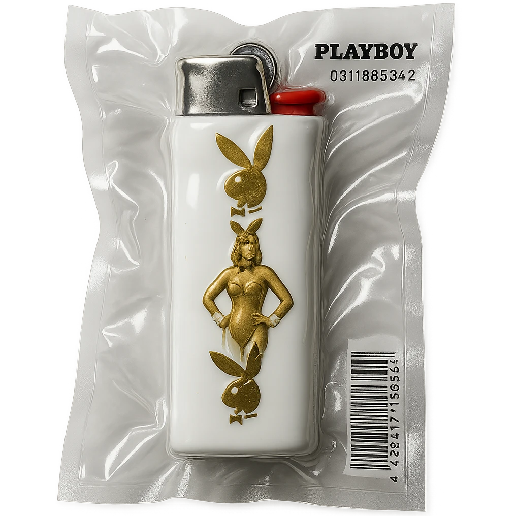 white BIC lighter, shiny and inflated, with a gold Playboy Bunny logo and a model in a gold bunny suit emoji