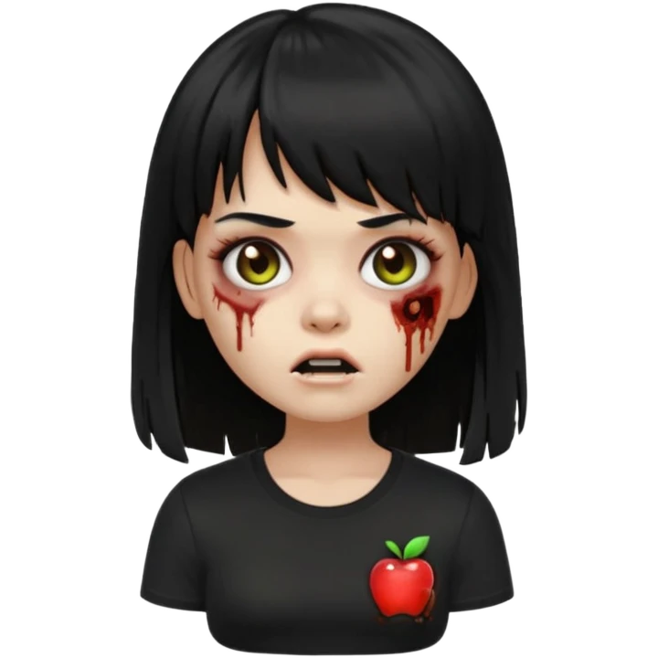 uma garota zumbi no formato Memoji da apple com o cabelo cumprido, preto liso e com franja, blusa preta emoji