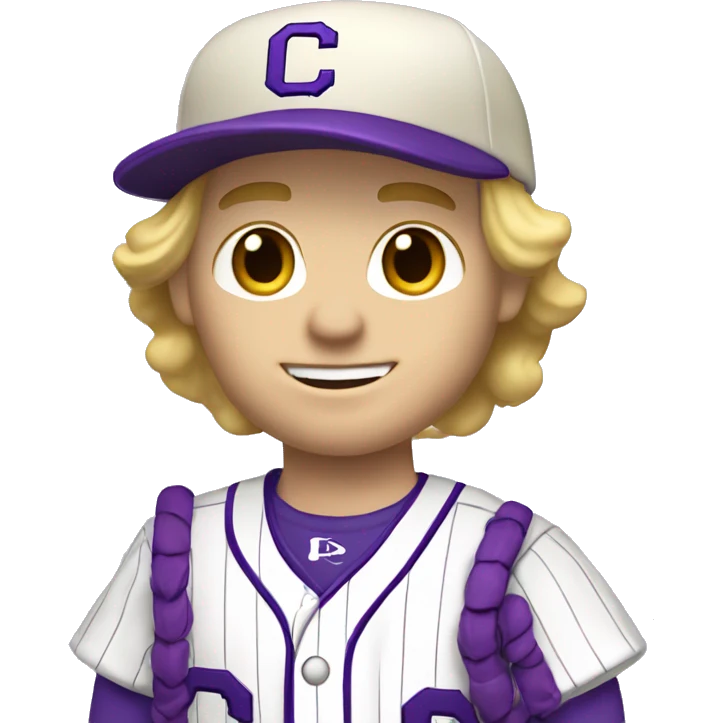 baseball card character. white male. blonde hair letter C logo. Purple and white uniform.  emoji