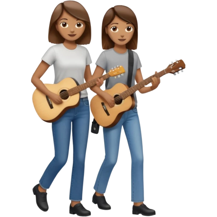 based on emoji style, like this "💁🏻‍♀️" "💁🏽‍♂️" "💁🏻", two people walking together, one is brown-haired woman, wearing business casual, holding a guitar; another one is a non-binary person, wearing t shirt and jeans. they are walking together. emoji