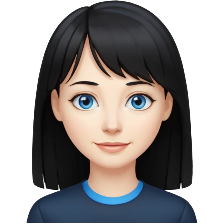 40 yr old woman long straight black hair, pale skin, blue eyes, black clothes, small smile, bangs emoji