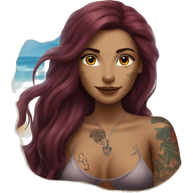 Beautiful tattooed burgundy long haired woman laying on the beach emoji